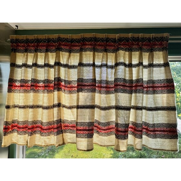 Vintage 70s curtain, beige, brown, red striped woven pleated panel, for each - Picture 1 of 10